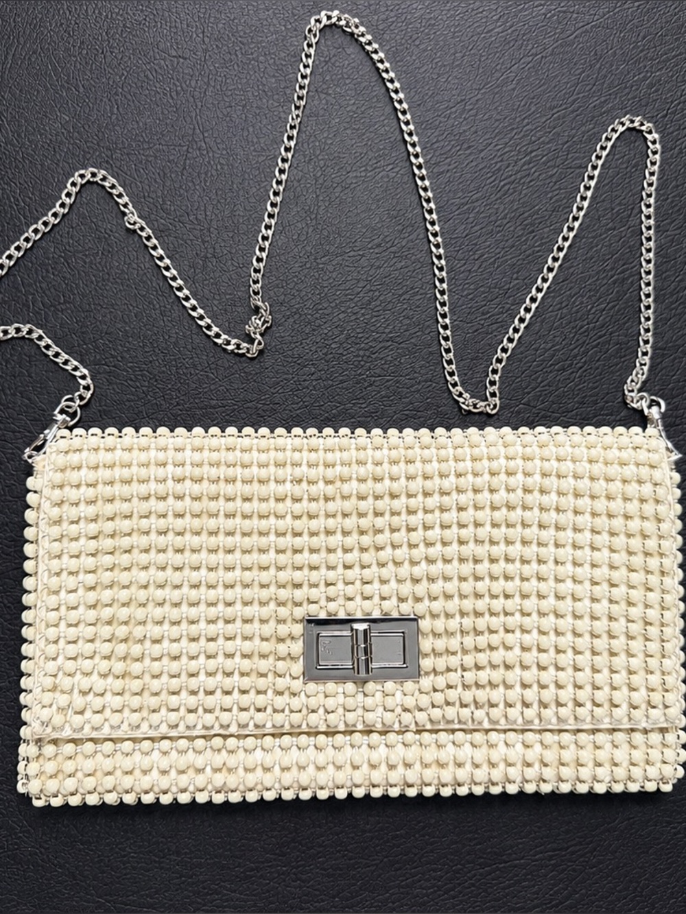 BCBGMAXAZRIA Ivory Beaded Clutch Crossbody Chain Evening Wedding Cocktail Bridal